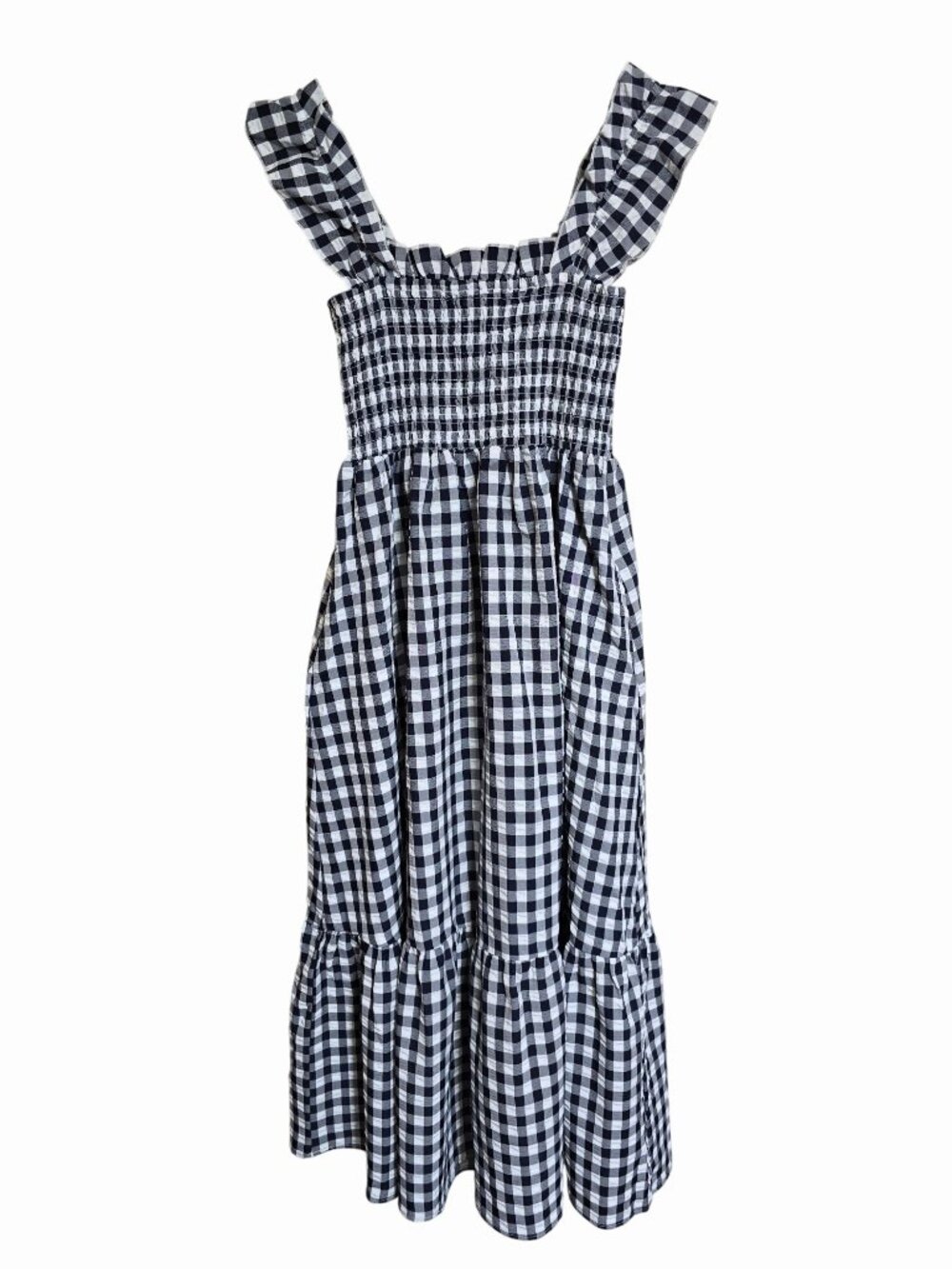 Black & White Gingham Medium Smocked Maxi Dress Ruffle Straps Tiered Hem